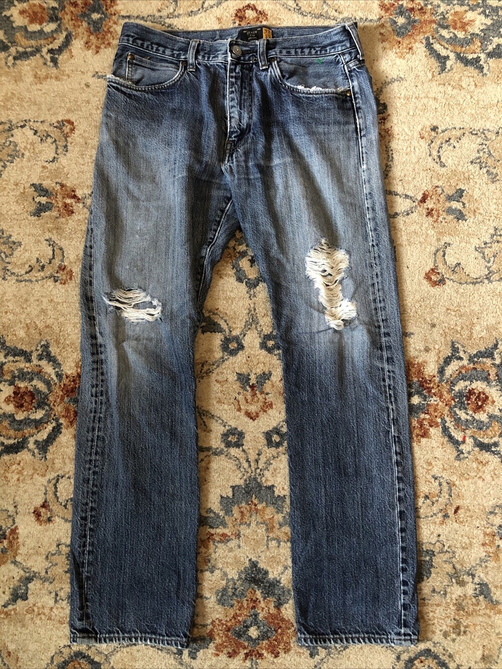 J Crew Jeans Mens 32x32 Blue Denim 770 Slim Fit Straight Leg Distressed